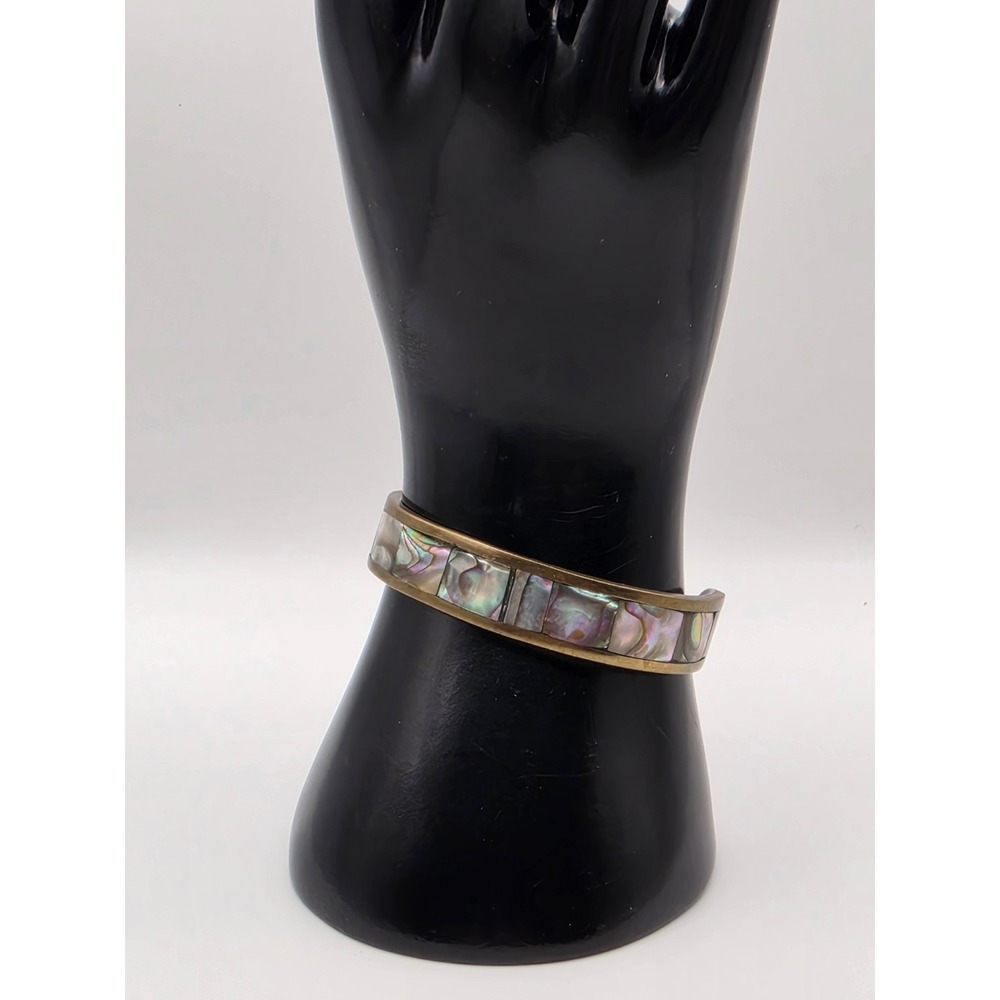 Vintage Hecho En Mexico Abalone Shell Inlay Cuff Bracelet Mixed Metal Brass Tone